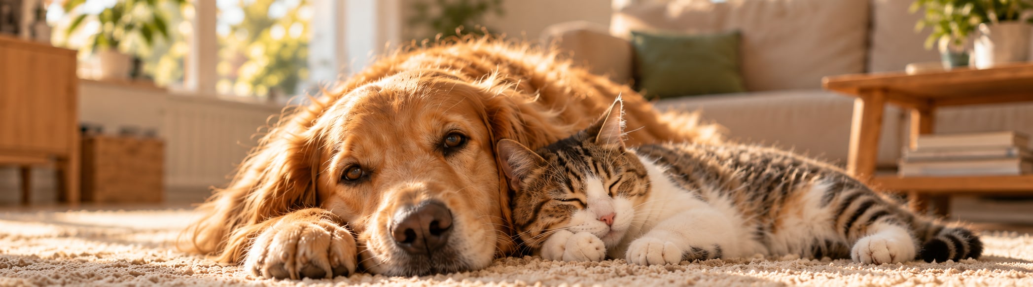 Hund und Katze liegen zusammen auf einem Teppich im Sonnenlicht. Illustratives Motiv.