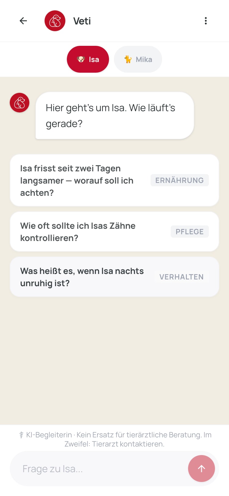 Chat-Einstieg für Isa mit Beispieldaten