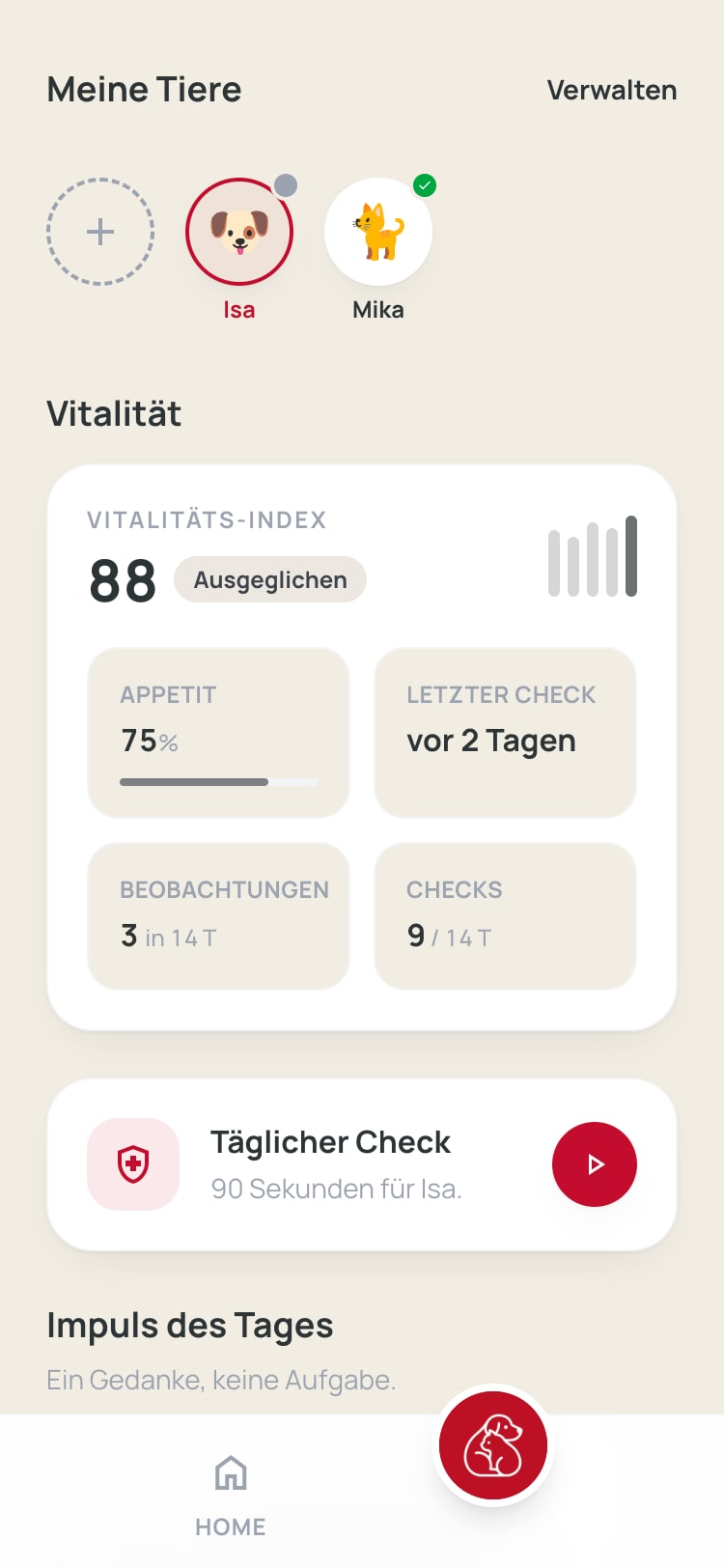 App-Startseite mit Beispieldaten für Isa